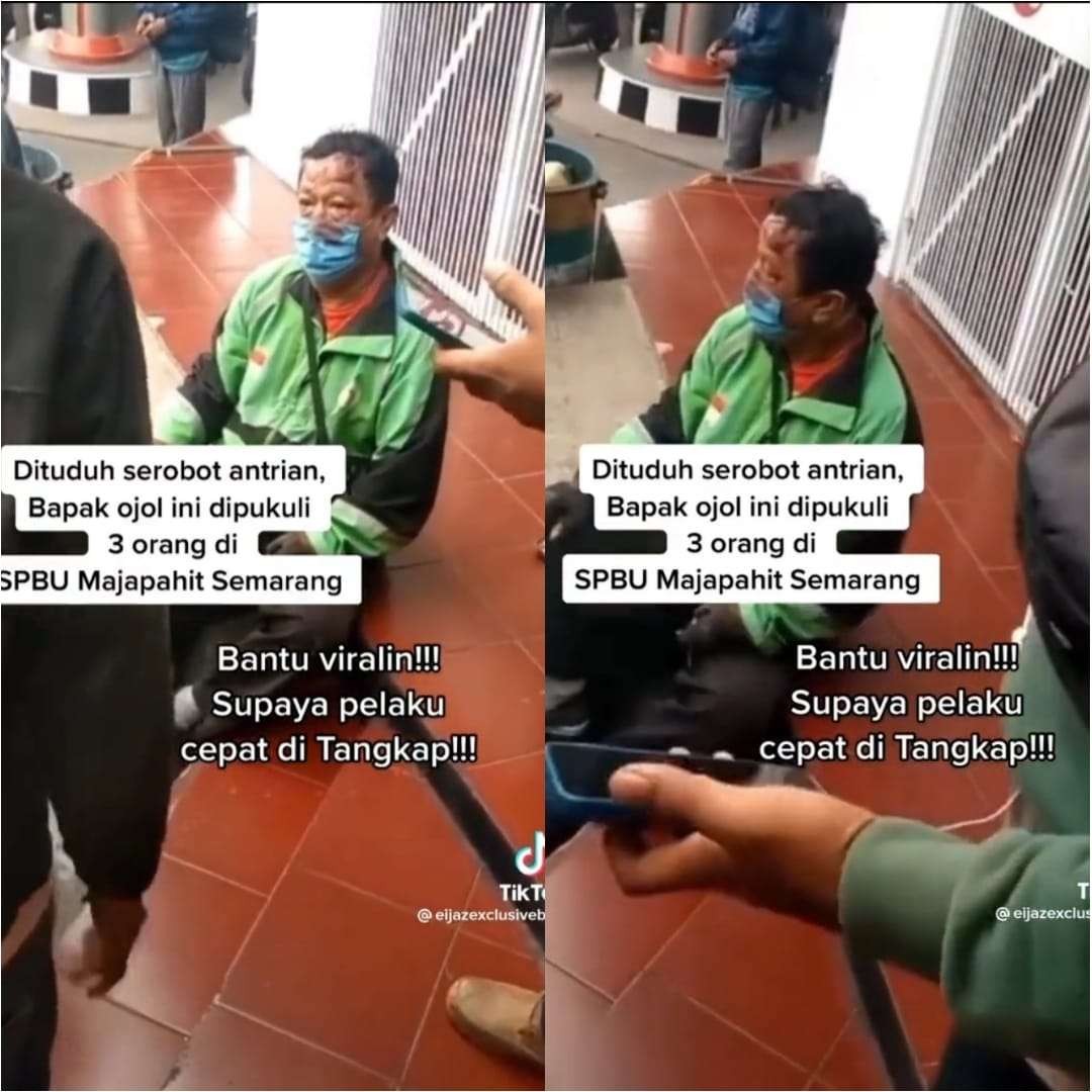 Viral driver ojol dikeroyok karena dituduh serobot antrean di SPBU. (Foto: Tangkapan layar Twitter)