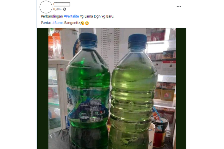 Netizen menyebut ada perbedaan warna Pertalite, sebelum dan sesudah naik harga Rp 10.000. (Foto: Facebook)