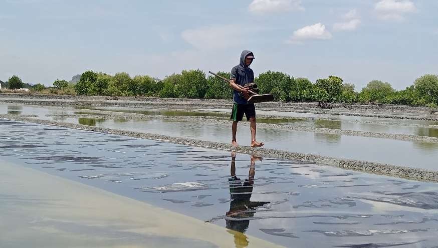 Salah satu petani garam di Desa Pliwetan, Kecamatan Palang sedang melakukan aktifitas di area tambak. (Foto: Khoirul Huda/Ngopibareng.id)