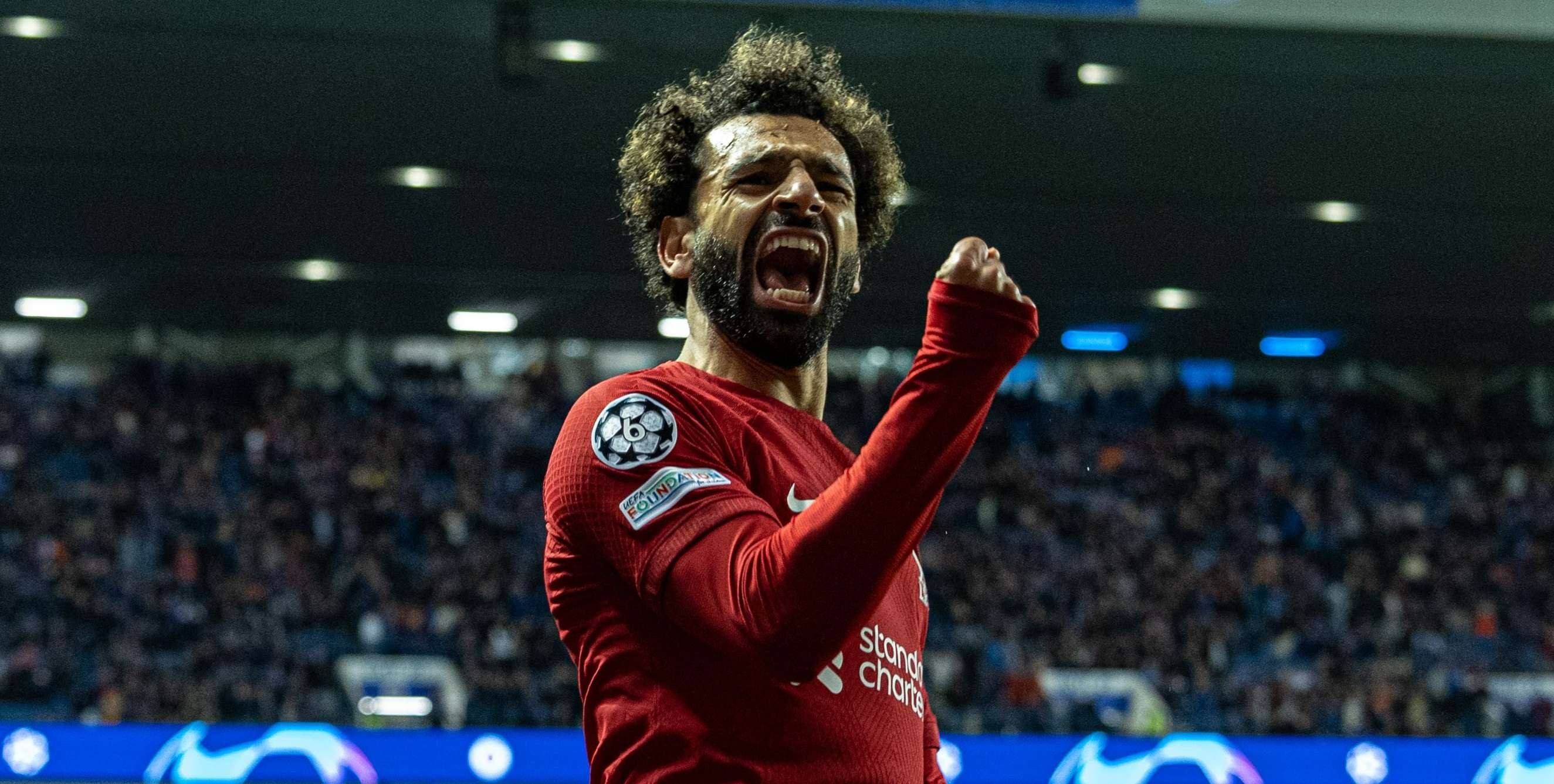 Mohamed Salah meluapkan kegembiraannya usai mencetak tiga gol ke gawang Rangers