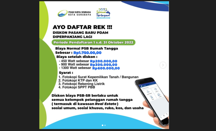 Informasi pemasangan air pelanggan baru dengan biaya murah selama periode 1-31 Oktober 2022. (Foto: Instagram)