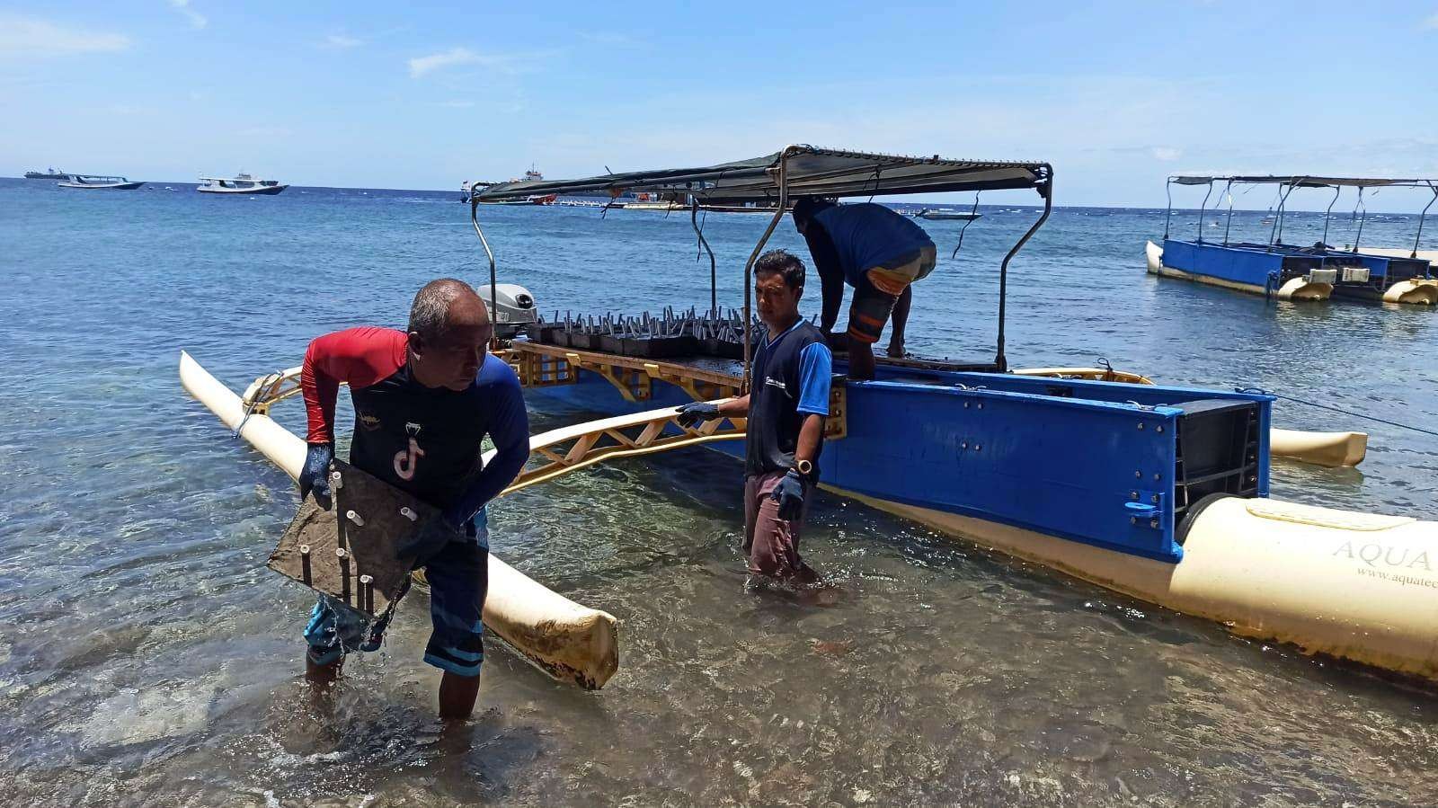 Pengelola Destinasi Bangsring Underwater memindahkan media tanam terumbu karang ke perahu untuk ditanam di kawasan Bangsring Underwater. (Foto: Muh Hujaini/Ngopibareng.id)