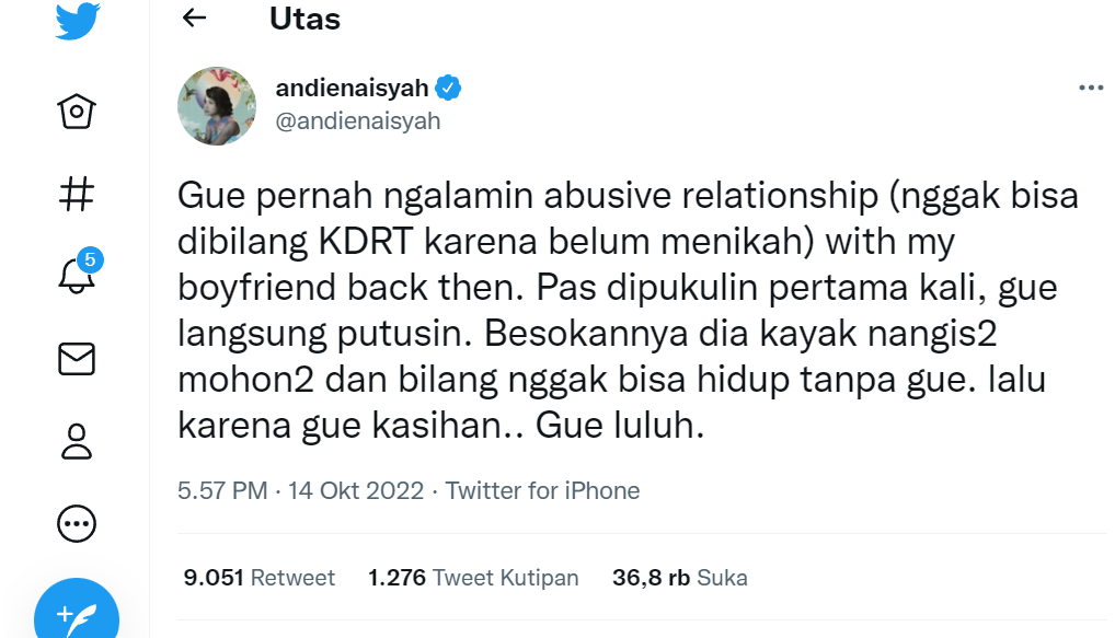 Andien Aisyah berkisah tentang kondisinya ketika menjadi korban kekerasan dalam pacaran. Lewat Twitternya, ia mengaku jadi korban berkali-kali. (Foto: Twitter)