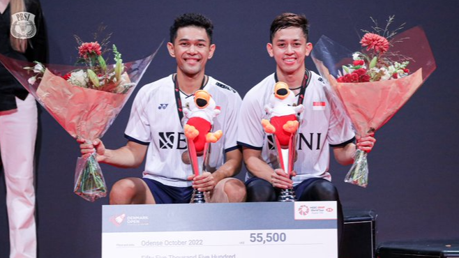 Fajar Alfian/Muhammad Rian Ardianto juara Denmark Open 2022 disebut dari Malaysia oleh MC. (Foto: Twitter PBSI)