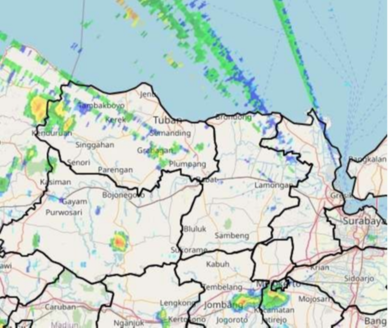 Potensi hujan sedang hingga lebat di Bojonegoro, Tuban, Lamongan dan sekitarnya. (Sumber: BMKG Juanda)