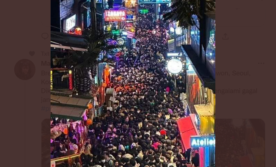 Korban meninggal pesta Halloween maut di Distrik Itaewon, Seoul, Korea Selatan bertambah menjadi 151 orang. KBRI nyatakan tak ada korban WNI. (Foto: Twitter)