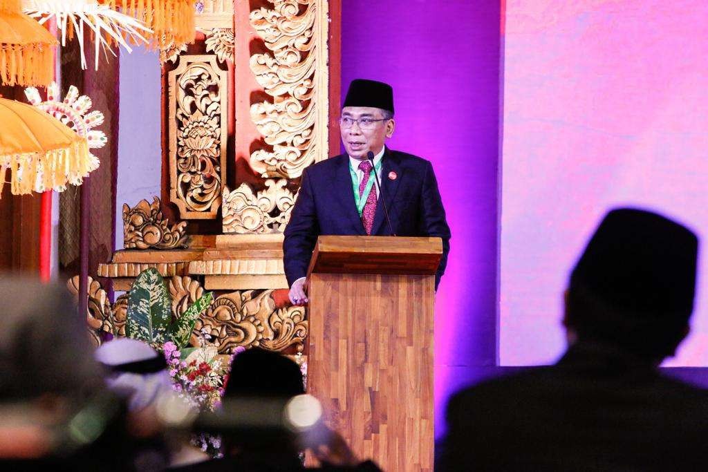 Ketua Umum PBNU yang juga insiator R20, KH Yahya Cholil Staquf saat menyampaikan sambutan pada upacara pembukaan Forum R20 di Hotel Grand Hyatt, Nusa Dua, Bali, Rabu (2 November 2022).