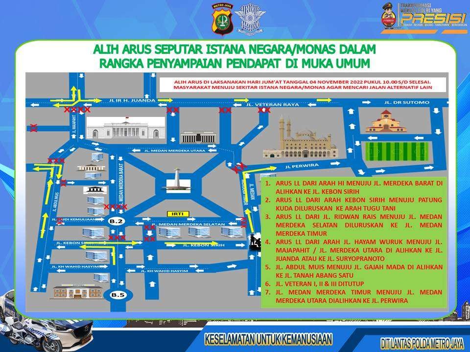 Pengalihan arus lalu lintas selama Reuni 411, Jumat 4 November 2022. (Grafis: Twitter @TMCPoldaMetro)