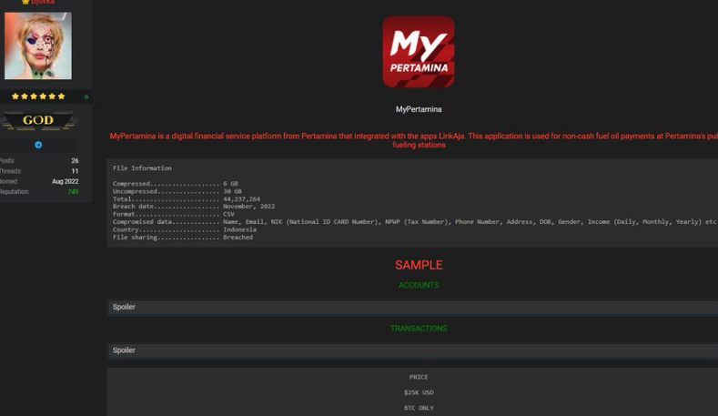 Lama tiarap, hacker Bjorka kembali gentayangan. Kini ia menjual 44 juta data pengguna aplikasi MyPertamina. Mulai dari nama sampai pendapatan. (Foto: Twitter)