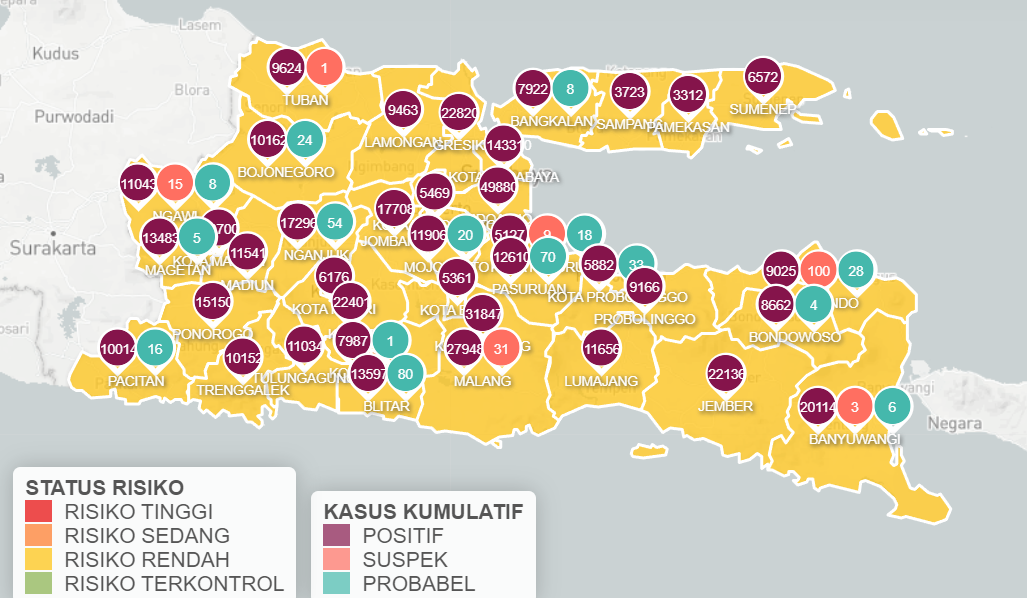 Laman Info Covid-19 Jawa Timur melaporkan tambahkan kasus COVID-19 asebanyak 502, per Kamis 1 Desember 2022. Puncak kasus disebut terlewati. (Foto: Info Covid-19 Jatim)
