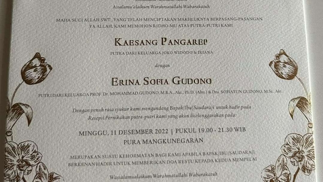 Undangan resmi pernikahan Kaesang Pangarep dan Erina Gudono. (Foto: Twitter)