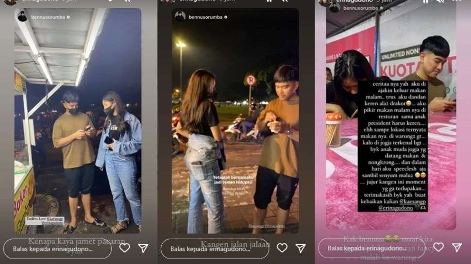 Pasangan suami istri Kaesang Pangarep dan Erina Gudono mengajak makeup artis (MUA) Bennu Sorumba jajan di pinggir jalan Yogyakarta. (Foto: Insta story Bennu Sorumba)