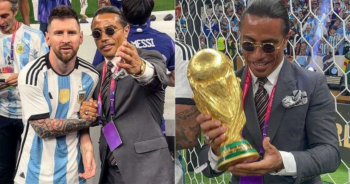 Chef Salt Bae bikin gaduh di perayaan kemenangan Argentina di lapangan Stadion Lusail, pada Piala Dunia 2022 Qatar, Minggu 18 Desember 2022. (Foto: YouTube/Instagram)