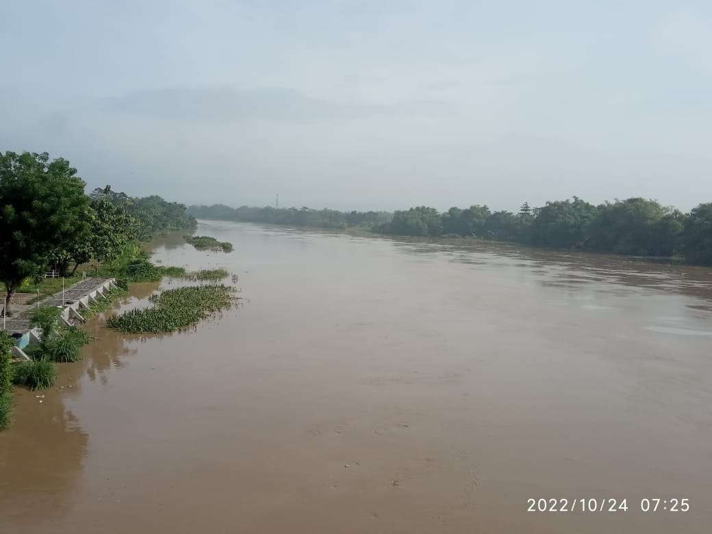 Sungai Bengawan Solo airnya naik. Foto diambil dari Jembatan Sosrodilogo, Kecamatan Kota Bojonegoro, pada Senin 24 Oktober 2022. (Foto: Sujatmiko