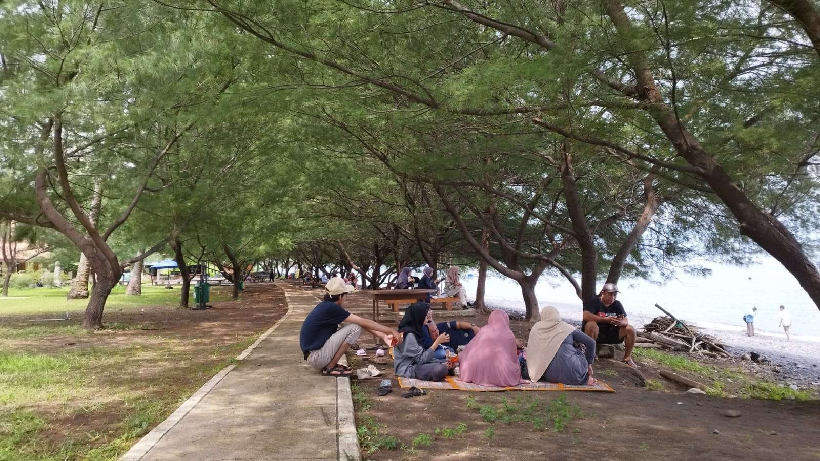 Sejumlah wisatawan menikmati suasana pantai GWD di bawah rindangnya pohon cemara (Foto: Muh Hujaini/Ngopibareng.id)