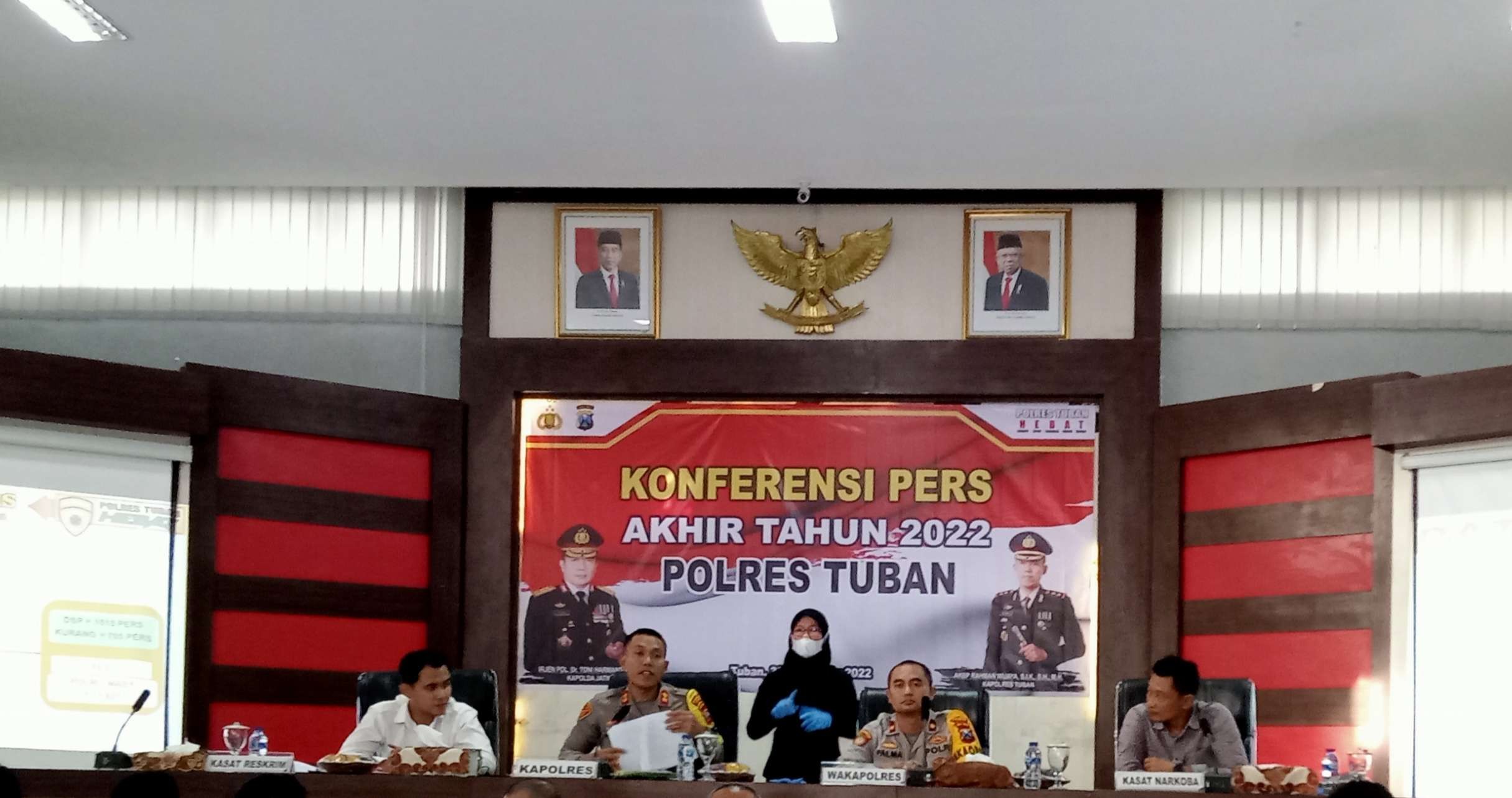 Kapolres Tuban bersama PJU Polres Tuban saat melaksanakan Konferensi Pers akhir tahun 2022 (Foto: Khoirul Huda/Ngopibareng.id)