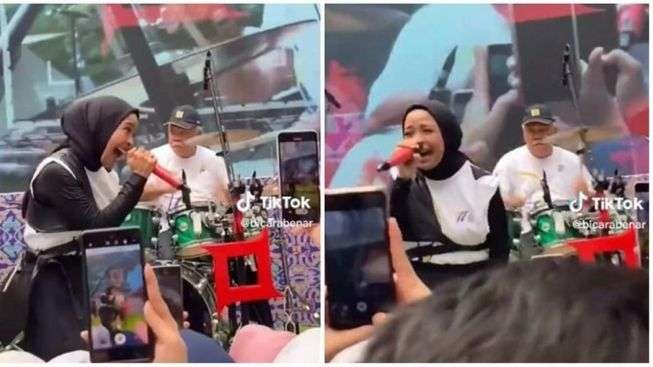 Menteri PUPR Basuki Hadimuljono jadi drummer tamu band Kotak. Tantri cs tampil sebuah acara Kementerian PUPR. (Foto: TikTo @bicarabenar)