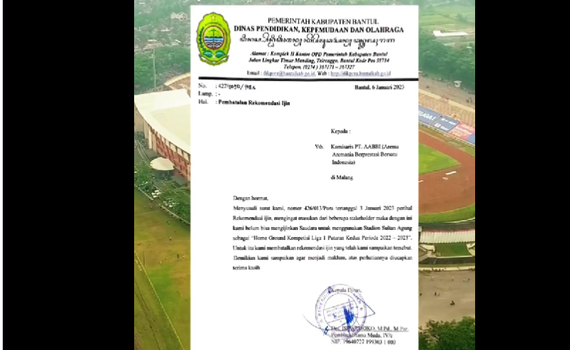 Pemerintah Kabupaten Bantul membatalkan rekomendasi izin penggunaan Stadion Sultan Agung sebagai home ground bagi Arema FC, di Liga 1. (Foto: Twitter)