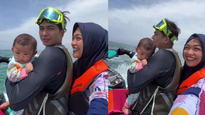 Pasangan YouTuber Rua Ricis dan Teuku Ryan bawa bayi main jet ski tanpa pelampung atau alat keselamatan lainnya. (Foto: YouTube Ria Ricis)