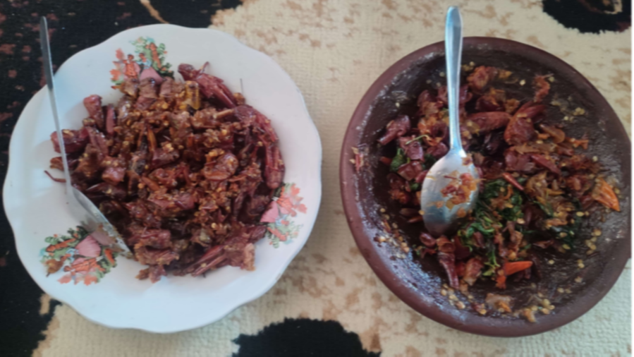 Belalang goreng sambal kemangi.(Foto: Deni Lukmantara/Ngopibareng.id)