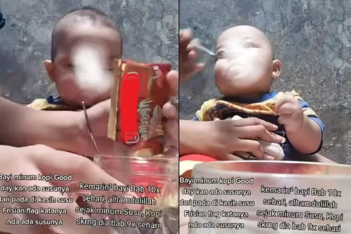 Seorang ibu memberikan kopi susu sachet untuk bayinya berusia tujuh bulan. (Foto: Instagram)