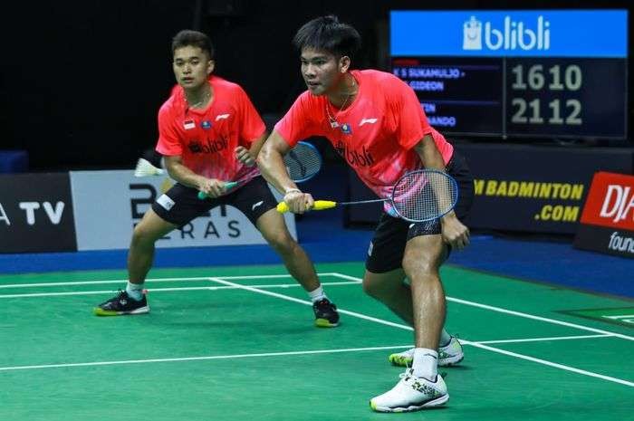 Leo Rolly Carnando/Daniel Marthin memastikan tiket perempat final Indonesia Masters 2023 setelah kalahkan Hendra Setiawan/Mohammad Ahsan. (Foto: PBSI)