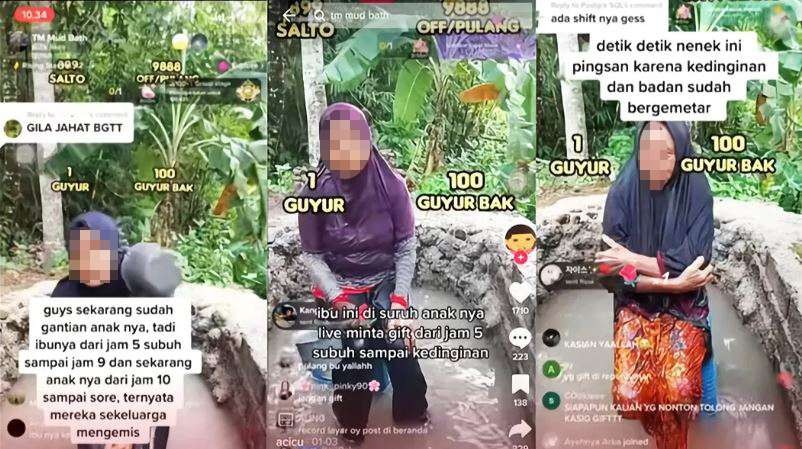 Aksi para pengemis online, rela kedinginan demi cepat dapat duit dibanding bekerja di sawah. (Foto: Kolase TikTok)