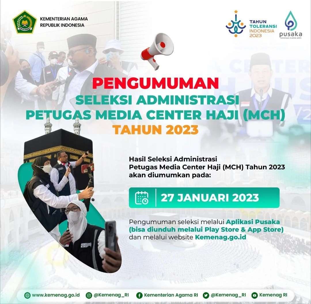 Pengumuman seleksi administrasi peserta pendaftaran sebagai calon Jurnalis Media Center Haji tahun 2023. (Foto: Instagram @kemenag_ri)