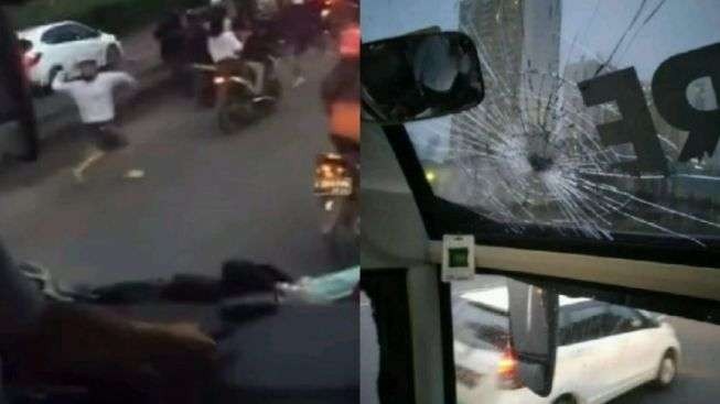 Aksi pelemparan bus Persis Solo oleh oknum suporter Persita Tangerang. (Foto: Twitter)