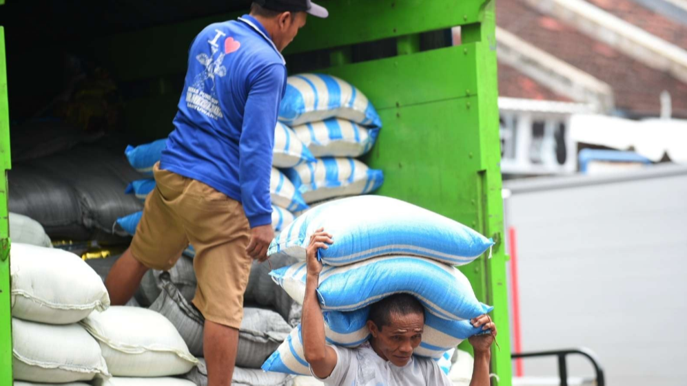 Seorang pekerja sedang memikul beras dari sebuah truk (Foto: Istimewa)