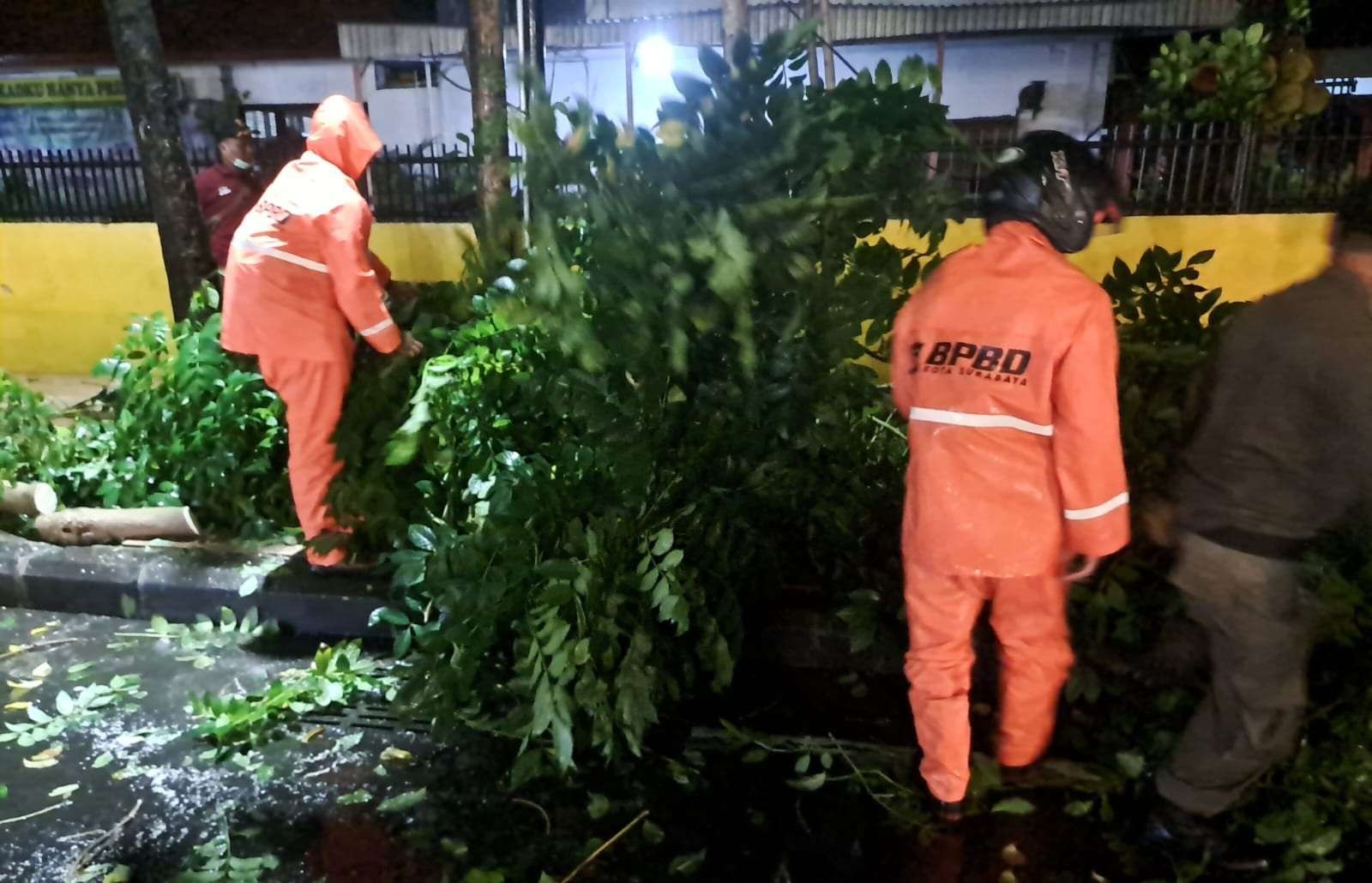 BPBD Surabaya saat melakukan pembersihan pohon tumbang malam ini. (Foto: dok BPBD Surabaya)