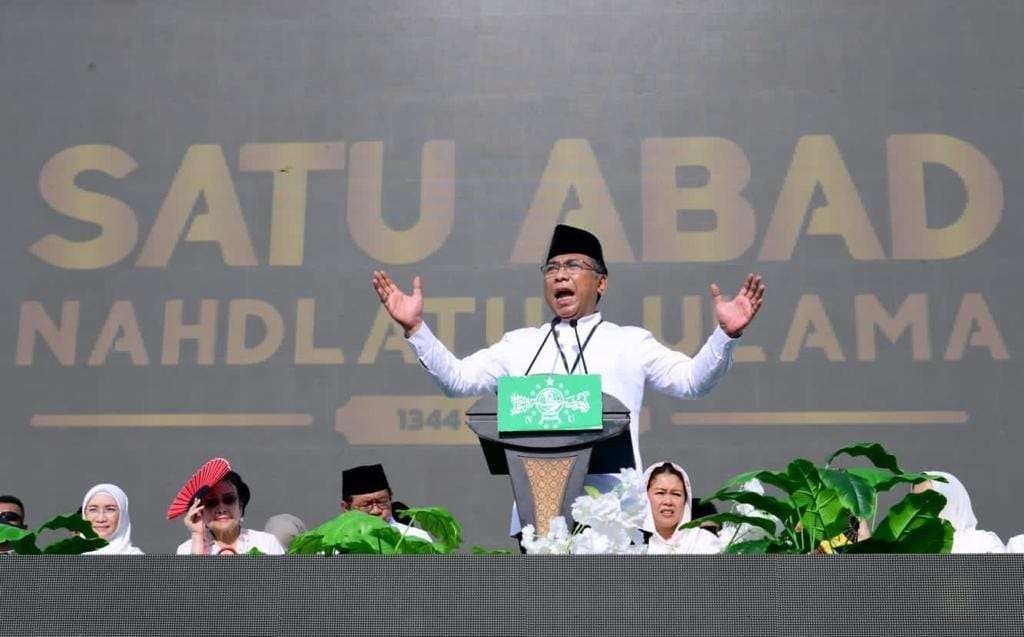 Ketua Umum PBNU Yahya Cholil Staquf, saat Resepsi Puncak Harlah Satu Abad NU di GOR Delta Sidoarjo, Selasa 7 Februari 2023. (Foto: ngopibareng.id)