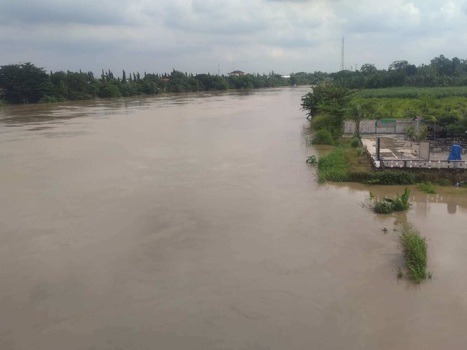 Air di Sungai Bengawan Solo, dimana foto diambil dari Jembatan Sosorodilogo, di atas Sungai Bengawan Solo, yang menghubungkan antara Kecamatan Kota dengan Kecamatan Trucuk, Bojonegoro pada Jumat 17 Februari 2023, sore. (Foto: Sujatmiko/Ngopibareng.id)