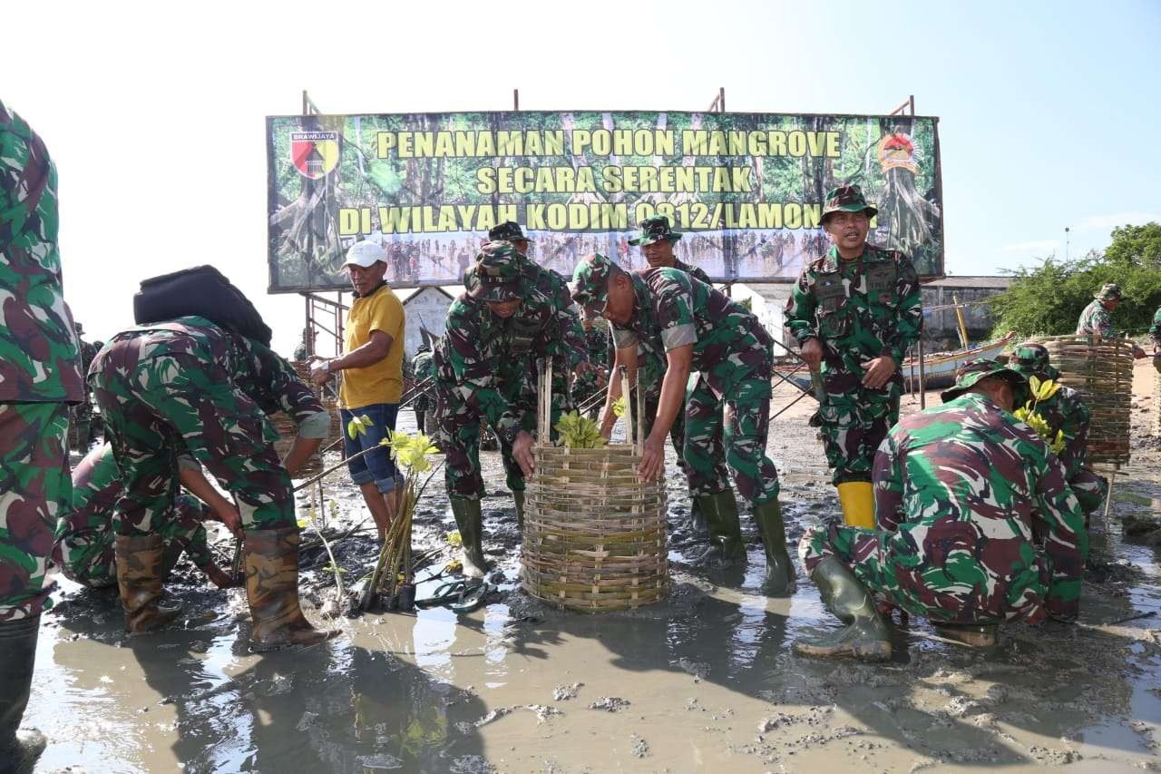 Dandim 0812 Lamongan Letkol Kav Endi Siswanto Yusuf memimpin penanaman mangrove di pantura Lamongan. (Foto: Dokumentasi Pendim 0812Lamongan)