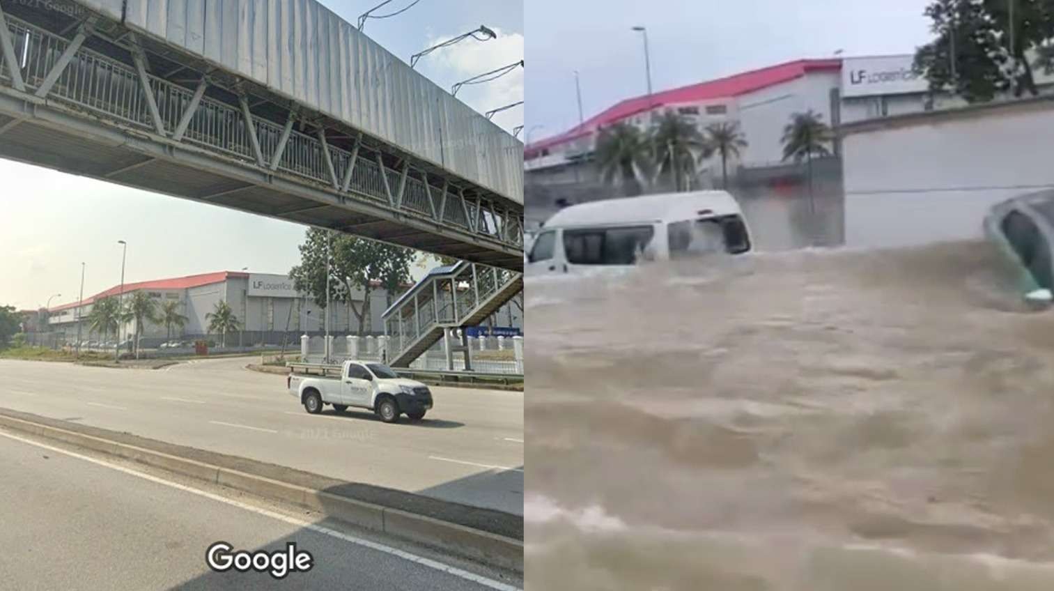 Gedung LF Logistics dalam video dengan yang ada di Google Maps bertahun 2023. (Kolase: Fa-Vidhi/Ngopibareng.id)