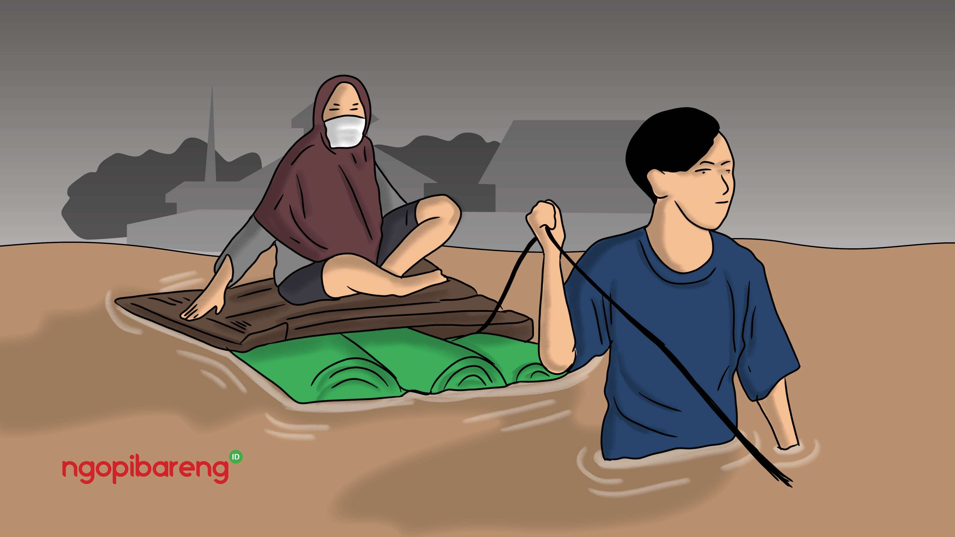 Cuaca ekstrem berupa angin kencang, hujan, dan puting beliung muncul sepanjang Februari. Bencana banjir hingga tanah longsor terjadi di Jatim. (Ilustrasi: Fa-Vidhi/Ngopibareng.id)