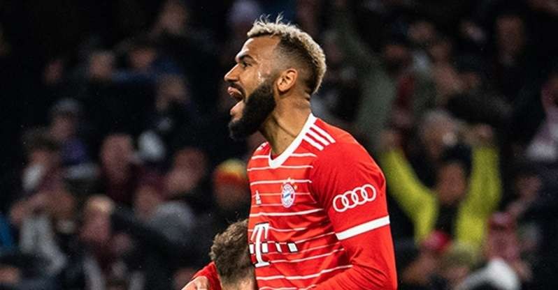 Coupo Moting mencetak gol pertama Bayern Munchen dalam kemenang 2-0 atas PSG di leg kedua babak 16 besar Liga Champions, Kamis 9 Maret 2023 di Allianz Arena.