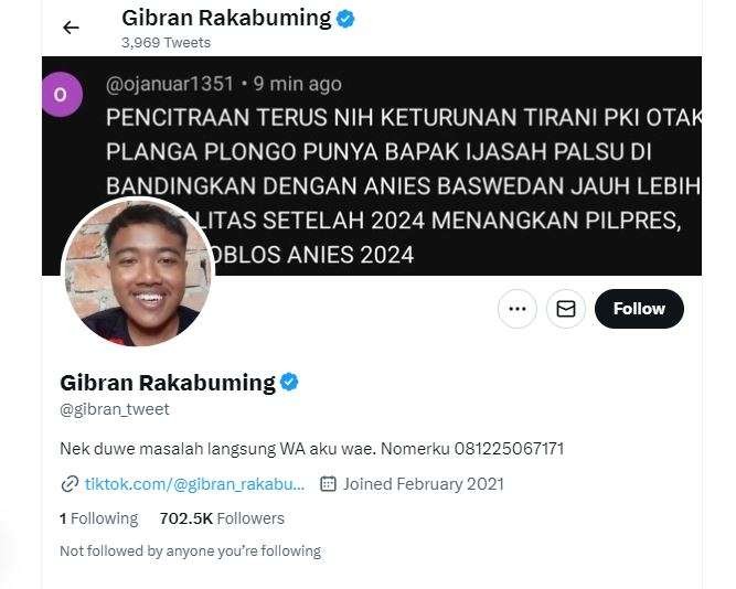 Penampakan header Twitter resmi Walikota Solo, Gibran Rakabuming Raka. (Foto: Tangkapan layar)