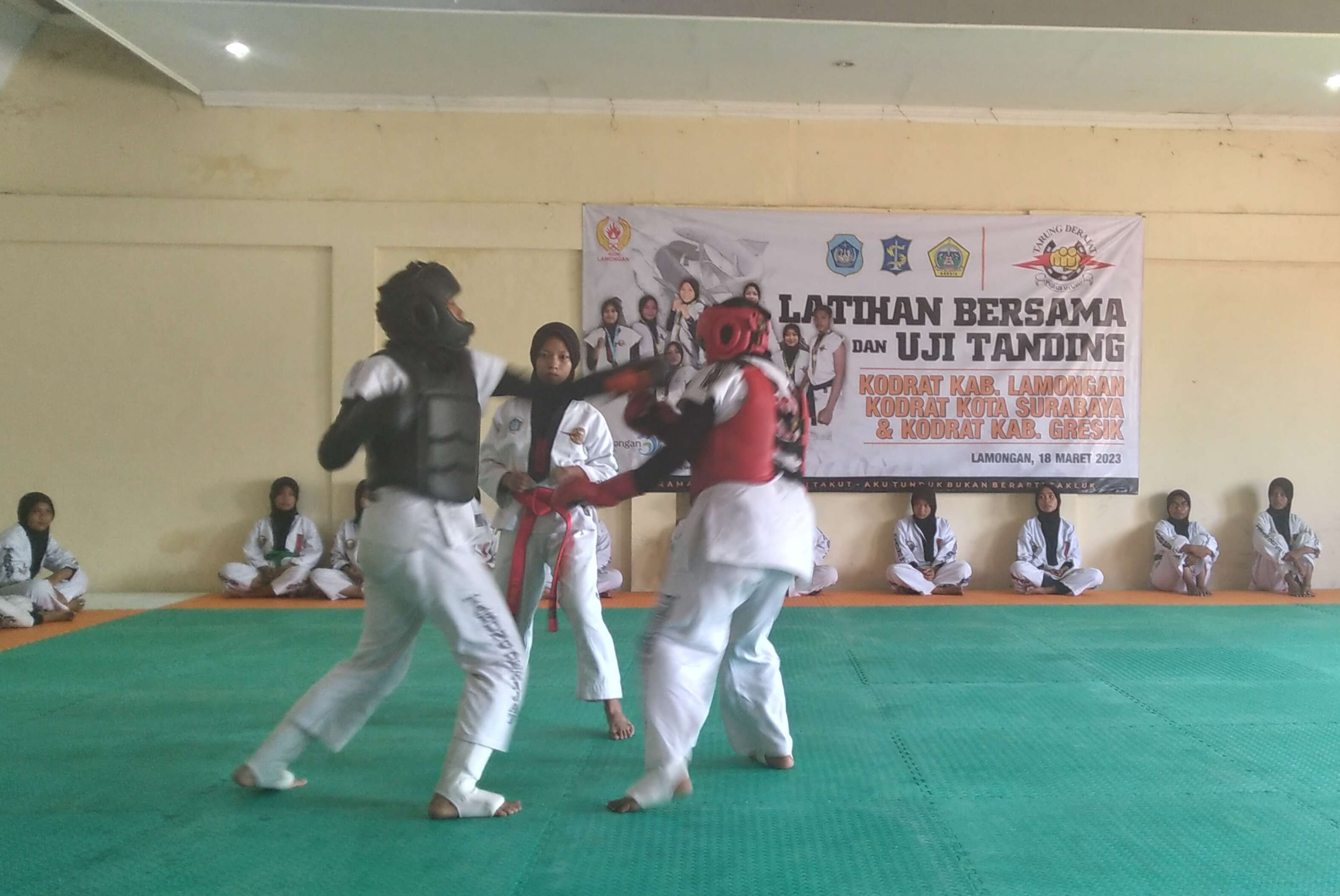 Cabang olahraga (cabor) tarung frajat Lamongan saat latihan bersama tiga kita di Gedung Pemuda Lamongan. (Foto: Imron Rosidi/Ngopibareng.id)