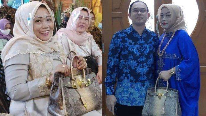 Istri Kabid Dishub DKI, Massdes Arouffy, menenteng tas kulit buaya diduga merek Hermes 30 Black Shiny Porosus Crocodile Gold Hardware. (Foto: Kolase/Twitter)