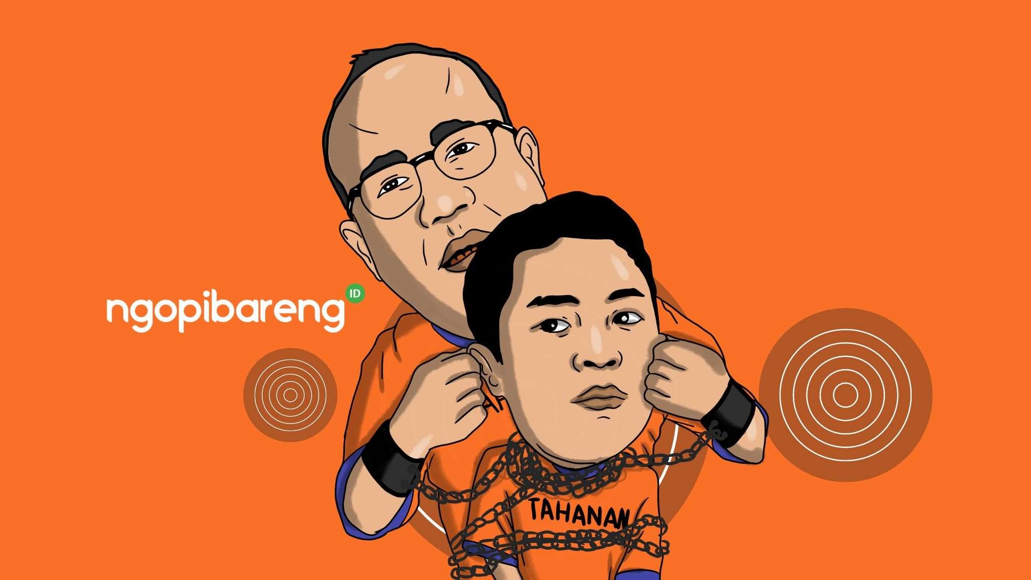 Rafael Alun Trisambodo menyusul sang anak, Mario Dandy Satrio, masuk penjara. Keduanya pakai 'jersey oranye'. (Ilustrasi: Fa Vidhi/Ngopibareng.id)