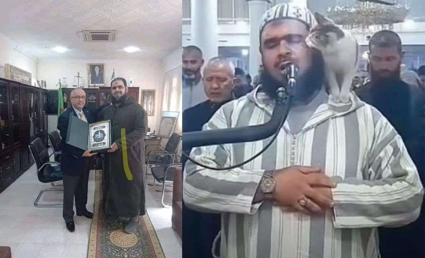 Syaikh Walid Mahsas, yang videonya viral bersama seekor kucing, mendapat penghormatan dan penghargaan dari Direktur Agama Negeri al-Burj, Algeria, Khidr Fanit. (Foto: arabnews)