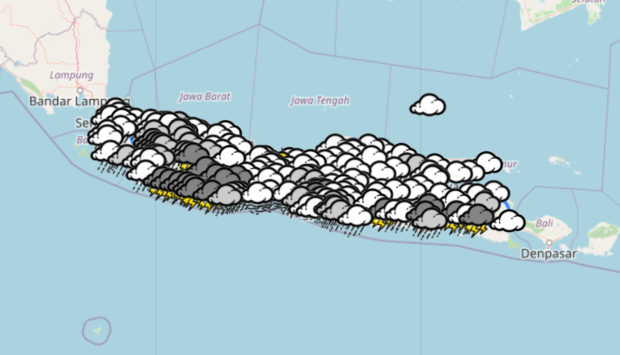 Prakiraan cuaca jalur balik di Pulau Jawa, pada Senin 24 April 2023, antara pukul 16.00 hingga 19.00, hari ini. (Foto: tangkapan layar BMKG)