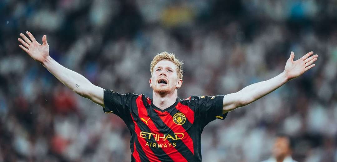 Kevin de Bruyne membutuhkan 413 menit untuk membobol gawang Real Madrid yang dikawal Thibaut Courtois, (Foto: Twitter/@ManCity)