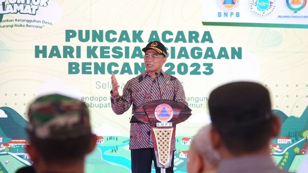 Menko PMK Muhadjir Effendy pada puncak acara Hari Kesiapsiagaan Bencana di Lamongan, Selasa 16 Mei 2023. (Foto: ANO/Ngopibareng.id)