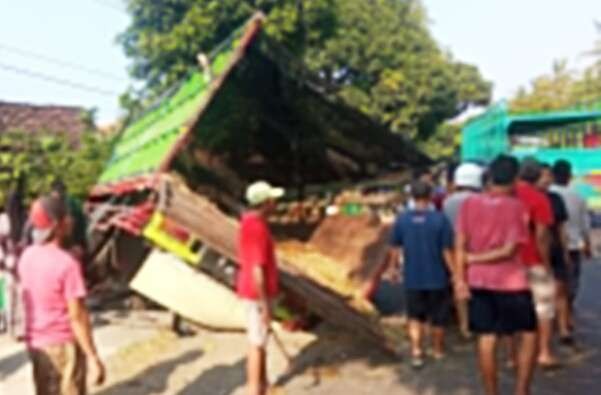 Truk bermuatan sapi menabrak sepeda motor terhenti di pinggir Jalan Raya Pantura Situbondo, Desa/Kecamatan Bungatan.(Foto: Guido/Ngopibareng.id)