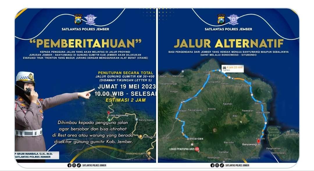 Proses evakuasi truk fuso masuk jurang, jalur Gumitir- Banyuwangi ditutup sementara selama dua jam, Jumat 19 Mei 2023. (Foto: Twitter)