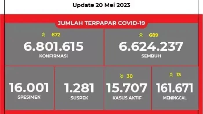 Tercatat ada 672 orang positif COVID-19, Sabtu 20 Mei 2023. (Foto: Kemenkes RI)