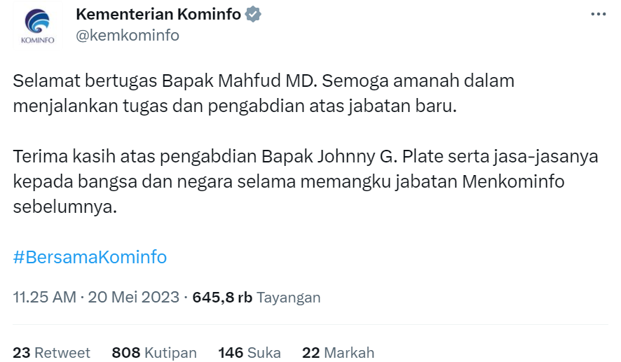 Cuitan Kementerian Komunikasi dan Informatika menyampaikan terima kasih kepada Johnny G Plate, digugat netizen. (Foto: Tangkapan layar Twitter)