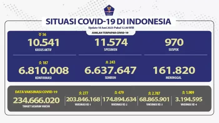 Laporan kasus COVID-19 di Tanah Air, Sabtu 10 Juni 2023. (Grafis: laman covid19.go.id)